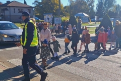 Dzieci ustawione w pary przechodzą przez  ulicę na pasach.  Przed nimi idzie policjant ubrany w kamizelkę odblaskową.  W tle widać auto i zielone krzewy.