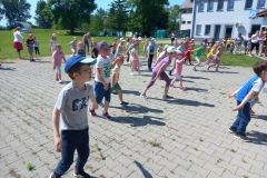 Grupa dzici w pozycji stojącej, w rozsypce stoją na szarej kostce.