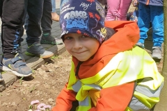 Dziewczynka w kolorowym stroju trzyma w rękach czerwone kwiaty. Kuca tuż nad ziemią próbując posadzić sadzonkę.