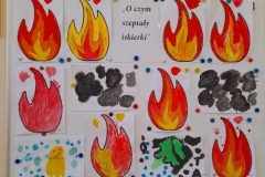 Na tablicy pomalowane farbami kolorowe iskierki i bryły węgla.