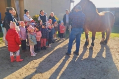 Grupa dzieci w kolorowych kurtkach i czapkach stoi na ziemi. Wśród nich 6 pań i 1 pan. Przed nimi duża klacz w kolorze brązowym. Obok niej pan w dżinsach i koszuli w niebiesko- czerwoną kratkę.
