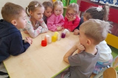 4 dziewczynki obserwuje co dzieje się z ręcznikami papierowymi zanurzonymi w kolorowej wodzie.