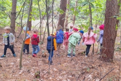 Dzieci ubrane w kolorowe  stroje stoją  w rozsypce między drzewami.  W oddali widać zielone liście leśnych drzew.