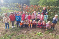 Grupa dzieci w kolorowych ubraniach stoi w półkolu. Przed nimi kuca 7 dzieci. Za dziećmi stoi pani w szarej bluzie. W tle ogrodzenie- siatka opleciona kolorowymi ( głównie czerwonymi) liśćmi.