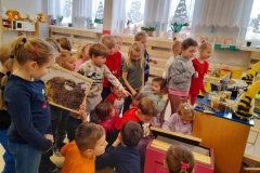 Grupa dzieci zgromadzona wokół stołu na którym leżą słoiczki z miodem, na stole stoi postać pszczoły, dziecko z trzyma w ręku ilustracje z pszczołami.
