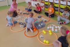 Dzieci siedzą na podłodze  przed nimi obręcze w których są kolorowe piłeczki. Chłopiec wkłada do obręczy pomarańczowe piłeczki.