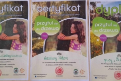 Kolorowe certyfikaty i dyplom na których dziewczynka przytula się do drzewa.