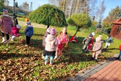 Grupa dzieci zbiera jesienne liście.