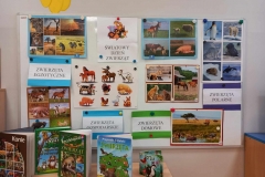 Na białej prostokątnej tablicy kolorowe plansze przedstawiające zwierzęta ; egzotyczne, gospodarskie, polarne i domowe oraz właściwe dla nich napisy . Na środku tablicy napis ŚWIATOWY DZIEŃ ZWIERZĄT na prostokątnej białej kartce i rysunki bajkowych postaci zwierząt. Poniżej tablicy ustawione książki związane tematycznie ze zwierzętami