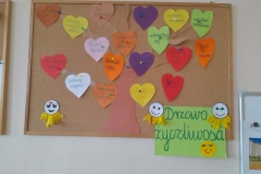 Na zdjęciu drzewo życzliwości, liście to kolorowe serduszka na których umieszczone są skojarzenia dzieci do słowa życzliwość.