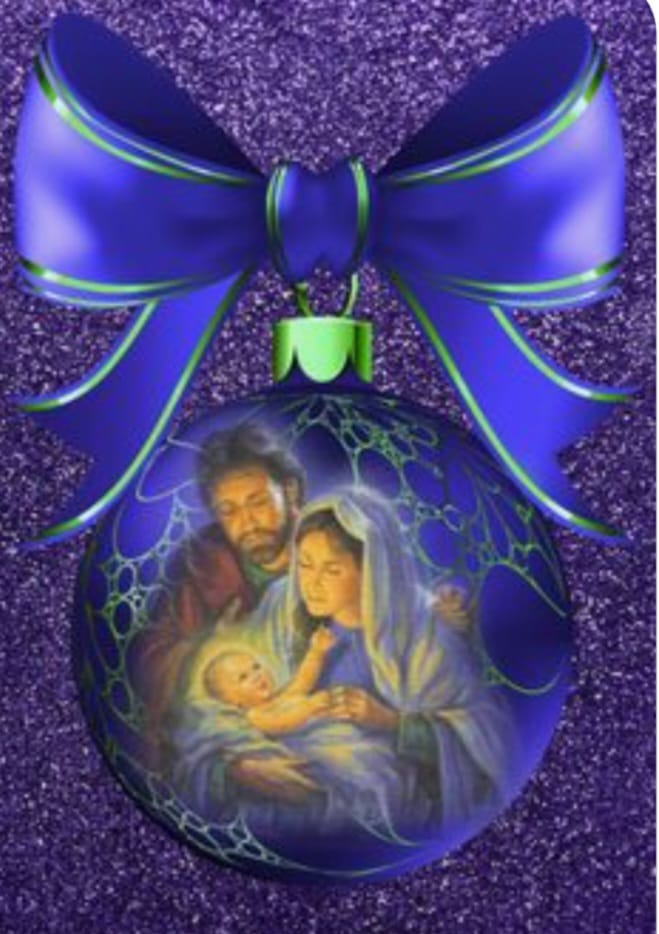 Bombka choinkowa z obrazkiem Maryi Józefa i Dzieciątkiem Jezus.